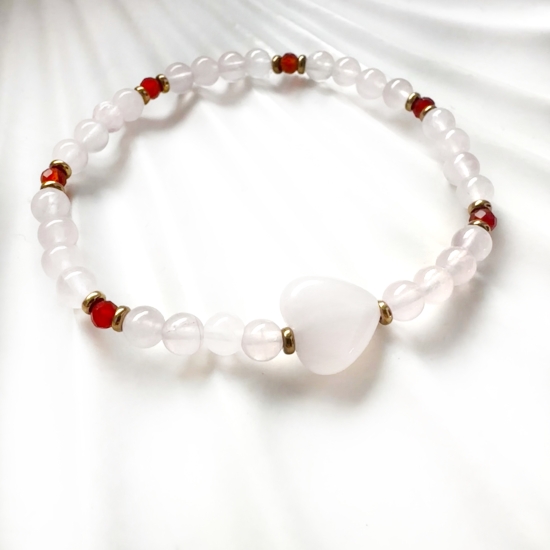 Bransoletka Przyciągania Miłości – Serce z Kwarcu Różowego & Karneol